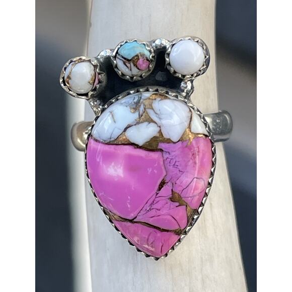 STERLING SILVER NATIVE SW COTTON CANDY TURQUOISE CLUSTER RING .925 Adjusts 7-9 - Picture 5 of 12